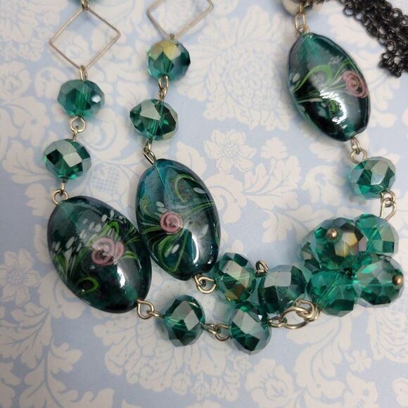 Green Teal Glass Bead Long Necklace - Picture 1 of 10